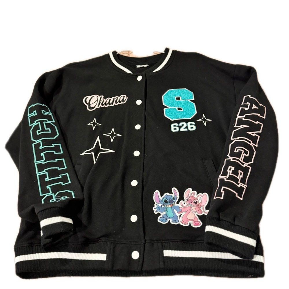 Disney Girls' Lilo & Stitch & Angel Fleece Button Up Varsity Bomber Jacket